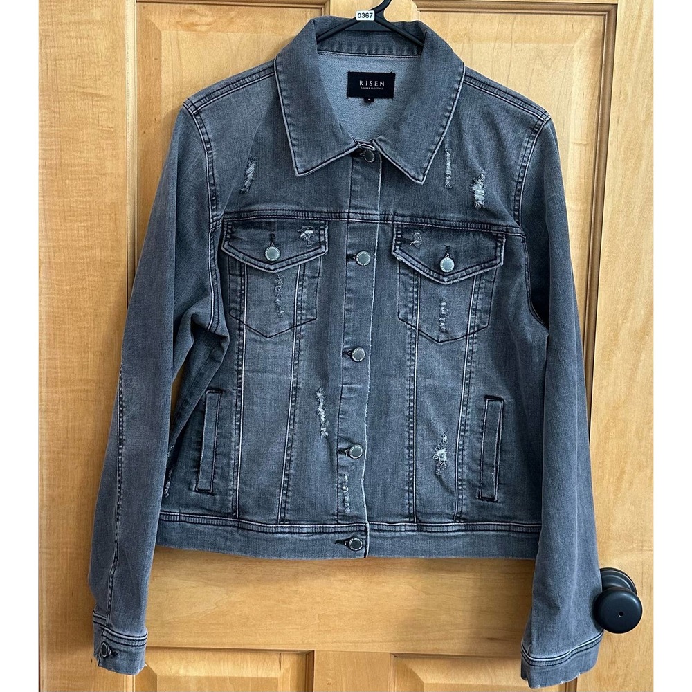 #2 Risen Women’s Acid Wash BLACK Distressed Jean Jacket Sz Large Pockets, NWOT